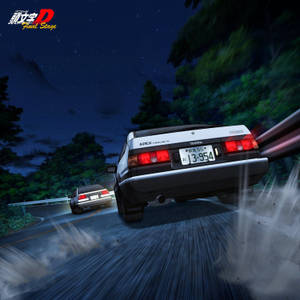 白色AE86在星空下的濕潤道路上夜間漂移，帶有動態模糊。