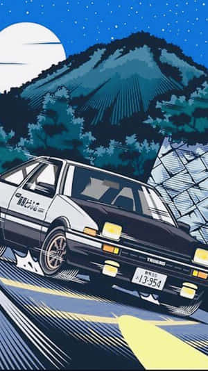 黑白AE86在滿月下、富士山背景的夜晚飄移。 — 美學手機GIF 壁紙
