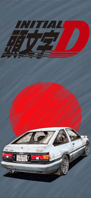 白色AE86漂移車在紅色太陽下飛馳，帶有Initial D標誌。