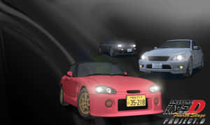 三輛動漫風格改裝車在黑暗隧道中行駛，車頭燈明亮。