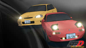 兩輛動漫車在夜間行駛，車頭燈明亮。