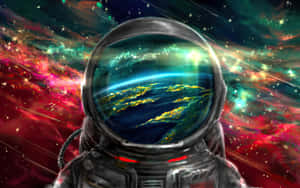 太空人從色彩繽紛嘅宇宙星雲中看到發光嘅地球。