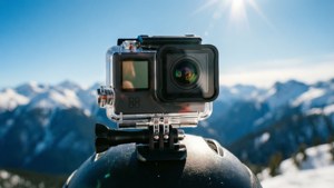 頭盔上的GoPro相機在明亮的陽光下朝向白雪覆蓋的山脈。