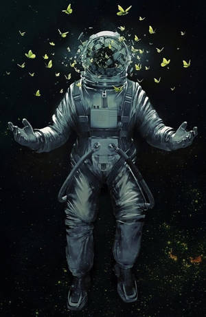 太空人在太空中頭盔破裂釋放出黃色蝴蝶。