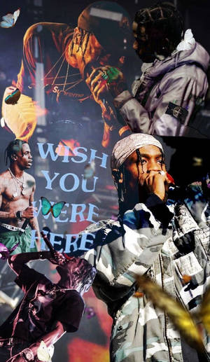 Travis Scott拼貼畫，配有蝴蝶和文字wish you were here。