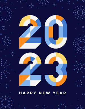 新年快樂2023圖形，帶有彩色幾何數字和節日火花。