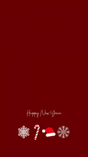 紅色背景，白色雪花、拐杖糖和聖誕帽，以及Happy New Year文字。