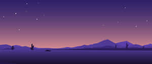 紫色沙漠之夜，仙人掌和山脈在星空下。