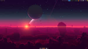 外星景觀日落，漂浮行星和星空。