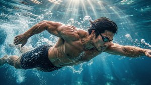 水中運動員泳手，帶有陽光光束和氣泡
