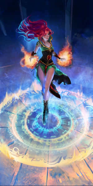 一位紅髮動漫女法師懸浮於發光的藍色魔法陣之上，手中操控火焰。
