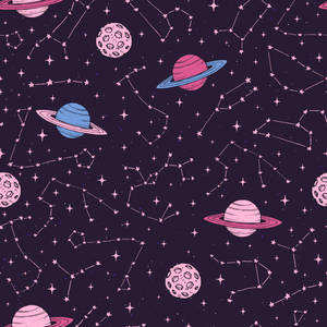 一個色彩繽紛的太空圖案，在紫色背景上有行星、光環和星星。