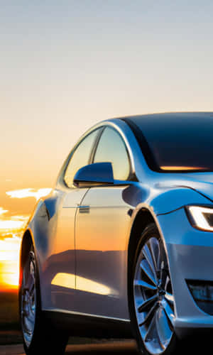 銀色Tesla汽車在日落時停放，金色光線反射在其表面。 — Galaxy Tab A11 壁紙