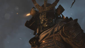 武士戰士身穿精細盔甲，戴著面具，在風暴天空下