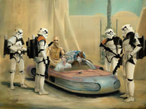 風暴兵包圍一架飛車，上有路克、莉亞、C3PO和R2D2，在沙漠場景中。