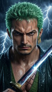 動漫戰士，綠髮，在雷雨中握著發光的劍。 — iPhone 5 壁紙