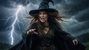 暴風雨中，一位女巫以戲劇性的表情釋放閃電。 — 女巫風格 壁紙