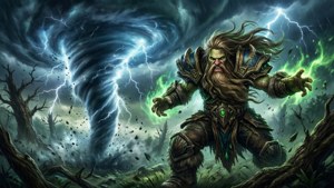 獸人術士在雷電和龍捲風的暴風雨森林中施展綠色魔法。