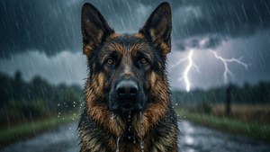 德國牧羊犬站在雨中，背景有閃電 — 德國牧羊犬 壁紙