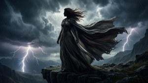 一位女戰士在雷暴中站在懸崖上，閃電照亮了群山。