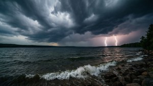 湖上的雷暴，閃電和波浪拍打岩石海岸。 — 湖 壁紙