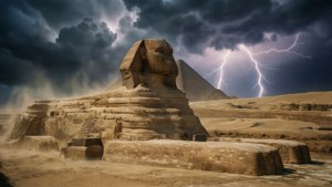 風暴天空下，獅身人面像與金字塔伴隨閃電。