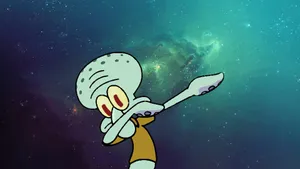Squidward 在色彩繽紛的星空宇宙星雲中跳舞。