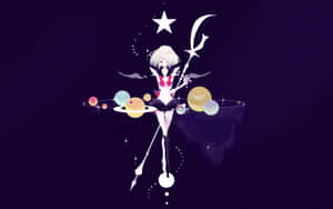 白髮動漫女孩手持新月法杖，被太空中的行星和星星環繞。
