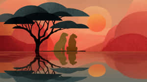兩隻獅子在夕陽下坐在金合歡樹下，水面有倒影 — 插畫 壁紙