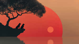 兩隻狗坐在樹下觀看水上的紅色日落 — 插畫 壁紙