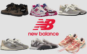 六款不同的 New Balance 運動鞋圍繞品牌標誌排列。