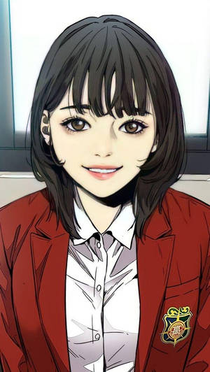 穿著紅色校服西裝外套的動漫女孩對著觀眾微笑