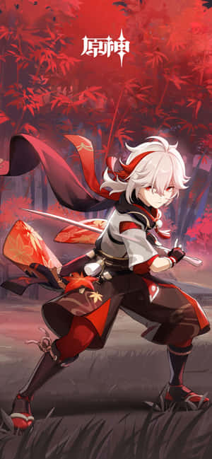 白髮動漫戰士身穿紅色裝備，在紅色竹林中持劍。