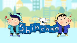 兩個男孩和一隻狗拿著一個Shinchan標誌，周圍有音符。