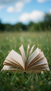 打開的書放在草地上，藍天白雲下
