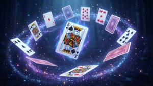 漂浮的撲克牌在紫色和藍色星星的充滿活力的宇宙漩渦中