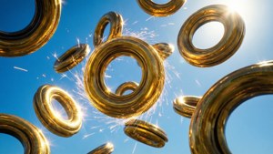 金色戒指漂浮在空中，帶有閃爍效果和太陽耀斑。