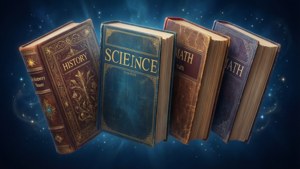 四本漂浮的復古教科書標有歷史、科學、數學，背景是星空宇宙。