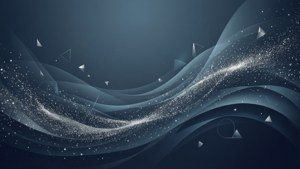 在深藍色背景上，帶有發光粒子和漂浮三角形的抽象數碼波浪。