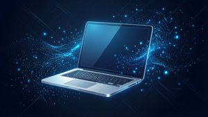 銀色手提電腦被發光的藍色數碼粒子和數據流包圍。