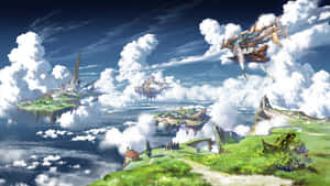 奇幻天空中帶有城堡和飛船的浮島。 — 雲朵 壁紙