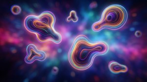 在色彩繽紛的宇宙背景中漂浮的霓虹抽象形狀。