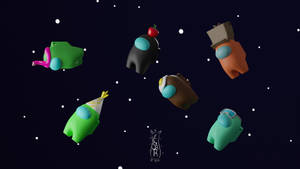 六個Among Us角色在星空夜空中漂浮。