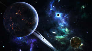 一顆帶光環的行星，在充滿星星的彩色星雲中有發光的熔岩流。