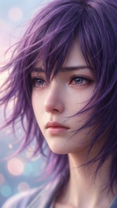 悲傷的動漫女子紫色頭髮在模糊背景中輕輕哭泣