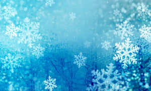雪花在藍色冬日背景下飄落，樹枝模糊。