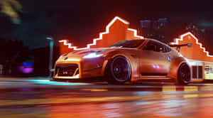 金色跑車在霓虹燈照亮城市夜間疾馳，帶有動態模糊效果。