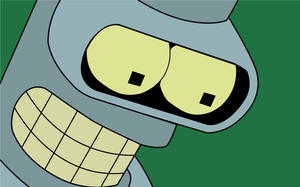 Bender 機器人在綠色背景上咧嘴笑，黃色眼睛和網格嘴巴。 — 乃出未來 壁紙