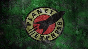 Planet Express 標誌，黑色火箭在紅色背景上，搭配綠色 grunge 紋理。