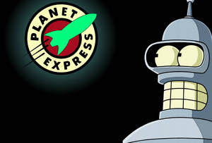 《飛出個未來》嘅賓達機械人喺黑色背景上嘅 Planet Express 標誌旁邊。